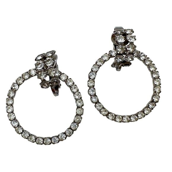 Vintage Rhinestone Hoop Drop Earrings Costume Hinged - Picture 1 of 6